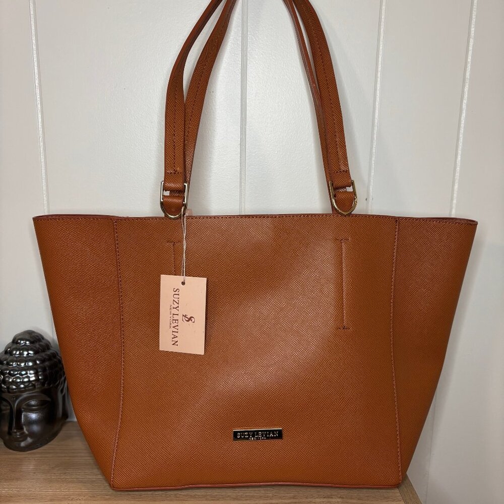 Suzy Levian Camel Faux Leather Tote Bag